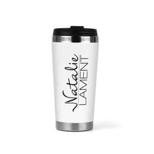 Natalie Lament 2go Edelstahl thermobecher weiss Logo